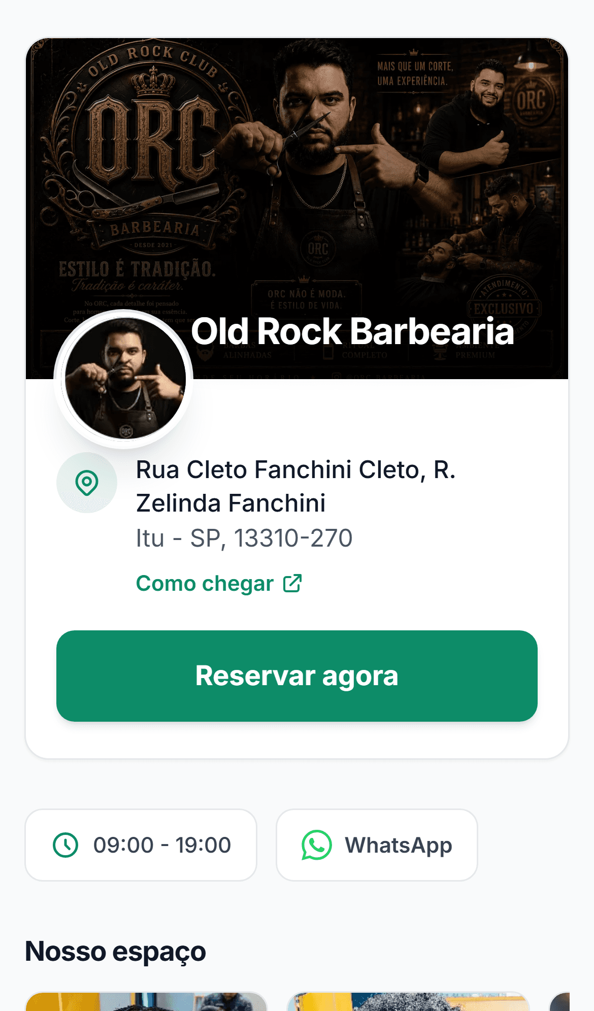 Página de agendamento online da Old Rock Barbearia no FlowGenda, vista no celular
